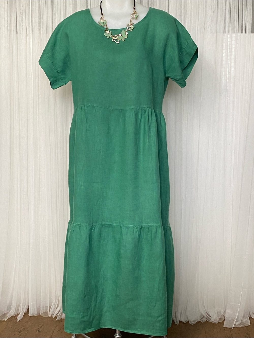 Valentina Naldi Made in Italy 🇮🇹 Green Linen Maxi Tiered Shift Dress Size M
